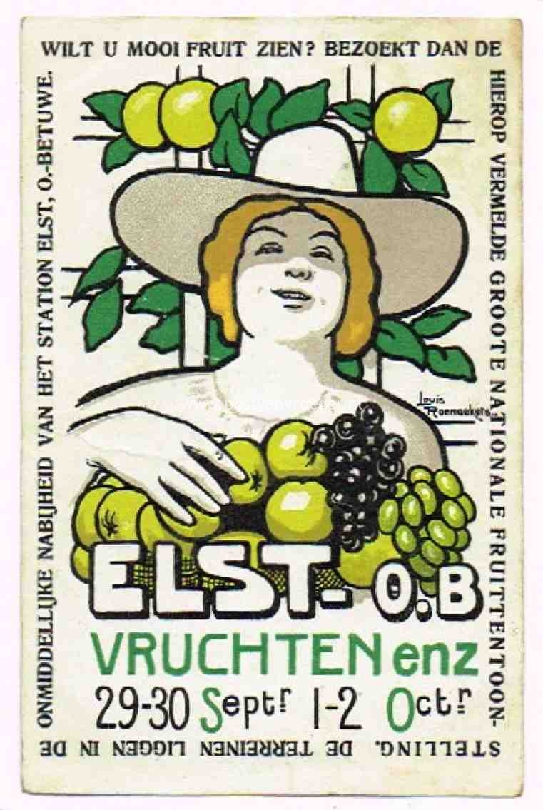 ansichtkaart Louis Raemaekers: Elst O.B. tentoonstellingskaart "wilt u mooi fruit zien?" (190072)