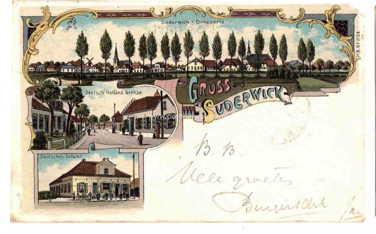 oude ansichtkaarten Suderwick:  lithokaart Gruss aus Suderwick,  verzonden op 11 Sept. 1899